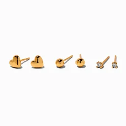 C LUXE by Claire's 18kt Gold Plated Hearts, Balls, & Cubic Zirconia Stud Earrings - 3 Pack