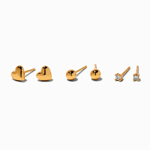C LUXE by Claire's 18kt Gold Plated Hearts, Balls, & Cubic Zirconia Stud Earrings - 3 Pack
