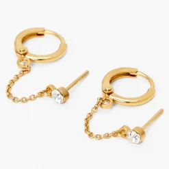 C LUXE by Claire's 18kt Gold Plated Crystal Hoop Connector Chain Stud Earrings