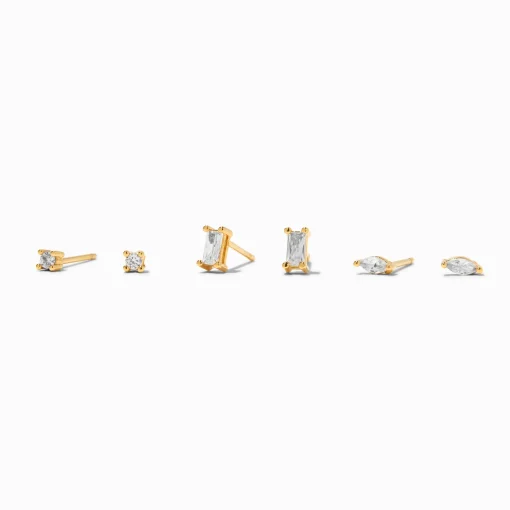 C LUXE by Claire's 18kt Gold Plated Cubic Zirconia Marquise & Baguette Stud Earrings - 3 Pack
