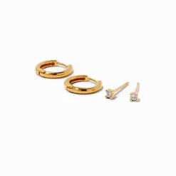 C LUXE by Claire's 18kt Gold Plated Cubic Zirconia 2mm Stud & 8mm Hoop Earrings - 2 Pack