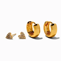 C LUXE by Claire's 18kt Gold Plated Crystal Heart Studs & Hoop Earrings - 2 Pack