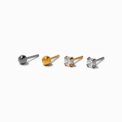 C LUXE by Claire's Mixed Metal Titanium Cubic Zirconia Stud & Ball Earring Stack - 4 Pack