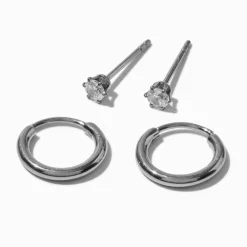 C LUXE by Claire's Silver-tone Titanium Cubic Zirconia Studs & Clicker Hoop Earrings - 2 Pack