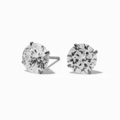 C LUXE by Claire's Silver-tone Titanium Cubic Zirconia 8mm Round Stud Earrings