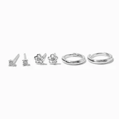 C LUXE by Claire's Sterling Silver Crystal Hoop & Flower Stackable Earrings - 3 Pack