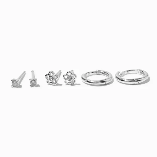 C LUXE by Claire's Sterling Silver Crystal Hoop & Flower Stackable Earrings - 3 Pack