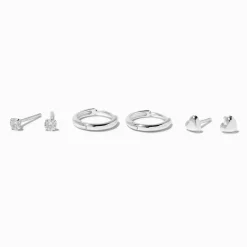 C LUXE by Claire's Sterling Silver Cubic Zirconia 2mm Round Stud, Hearts & 8mm Clicker Hoop Earrings - 3 Pack