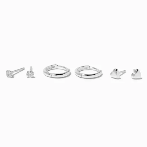 C LUXE by Claire's Sterling Silver Cubic Zirconia 2mm Round Stud, Hearts & 8mm Clicker Hoop Earrings - 3 Pack