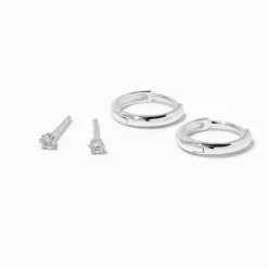 C LUXE by Claire's Sterling Silver Cubic Zirconia 2mm Round Stud & 8mm Clicker Hoop Earrings - 2 Pack