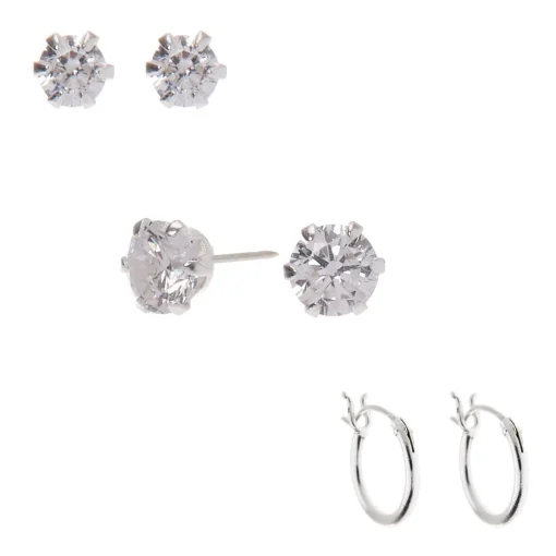 C LUXE by Claire's Sterling Silver Cubic Zirconia Stud & Hoop Earrings - 3 Pack