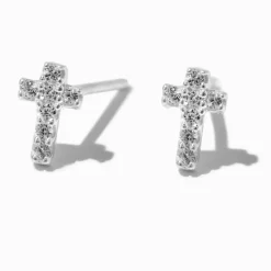 C LUXE by Claire's Sterling Silver Cubic Zirconia Mini Cross Stud Earrings