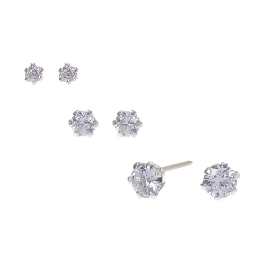 C LUXE by Claire's Sterling Silver Cubic Zirconia 2mm, 3mm, & 4mm Round Stud Earrings - 3 Pack