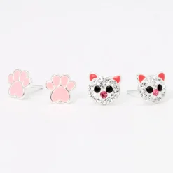 C LUXE by Claire's Sterling Silver Pink Crystal Cat & Paw Stud Earrings - 2 Pack