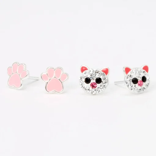 C LUXE by Claire's Sterling Silver Pink Crystal Cat & Paw Stud Earrings - 2 Pack