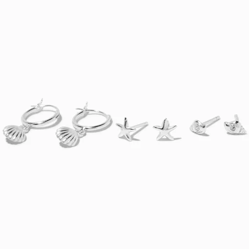 C LUXE by Claire's Sterling Silver Seashell Hoop & Stud Earrings - 3 Pack