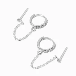 C LUXE by Claire's Sterling Silver Cubic Zirconia Hoop Connector Chain Stud Earrings