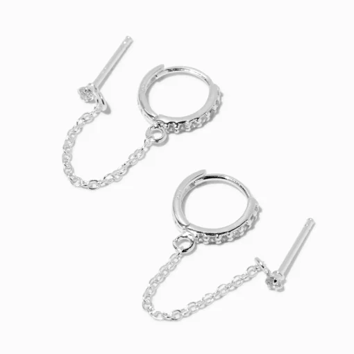 C LUXE by Claire's Sterling Silver Cubic Zirconia Hoop Connector Chain Stud Earrings