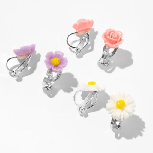 Carved Flower Clip-On Earrings - 3 Pack