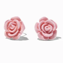 Carved Pink Velvet Rose Stud Earrings