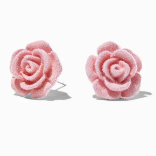 Carved Pink Velvet Rose Stud Earrings