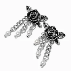 Carved Rose & Pearl Chains Drop Earrings