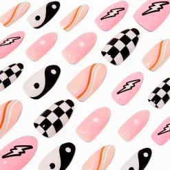 Check, Lightning Bolt & Yin Yang Stiletto Vegan Faux Nail Set - 24 Pack