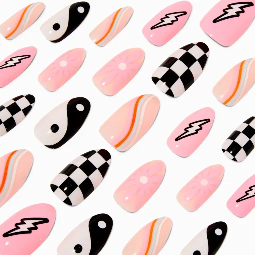 Check, Lightning Bolt & Yin Yang Stiletto Vegan Faux Nail Set - 24 Pack