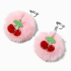 Cherry Pom Pom Clip-On Drop Earrings