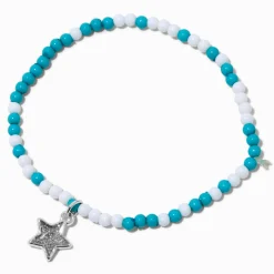 Claire's Club Blue & White Star Seed Bead Stretch Bracelet