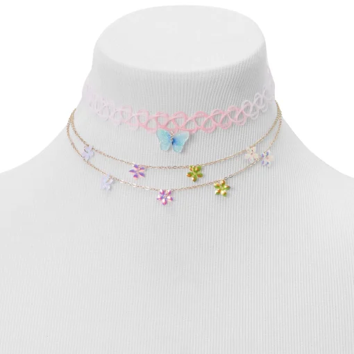 Claire's Club Floral Butterfly Choker & Multi-Strand Necklaces - 2 Pack