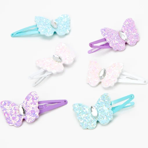 Claire's Club Glitter Butterfly Snap Hair Clips - 6 Pack
