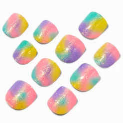 Claire's Club Glitter Rainbow Square Press On Vegan Faux Nail Set - 10 Pack