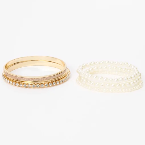 Claire's Club Gold-tone Bangle & Pearl Stretch Bracelet Set - 5 Pack