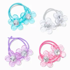Claire's Club Jewel Tone Glitter Flower Hair Ties - 4 Pack