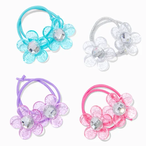 Claire's Club Jewel Tone Glitter Flower Hair Ties - 4 Pack