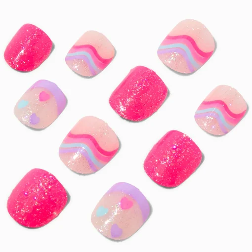 Claire's Club Pink Squiggle Square Press On Vegan Faux Nail Set - 10 Pack
