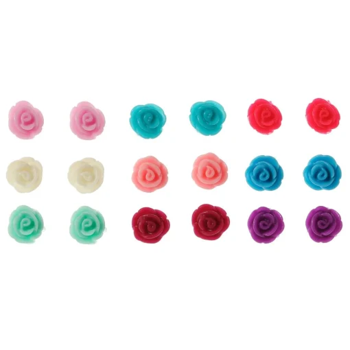 Cool Tone Carved Rose Stud Earrings - 9 Pack
