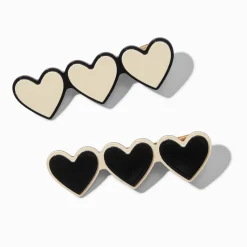 Cream & Black Three Heart Hair Clips - 2 Pack