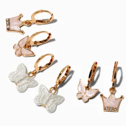 Crown & Butterfly Gold-tone Hoop Earrings - 3 Pack