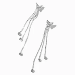 Crystal Butterfly Silver-tone Chain Fringe 3" Drop Earrings