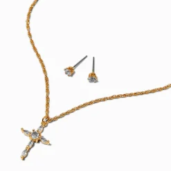Cubic Zirconia Cross Pendant Necklace & Stud Earrings Set