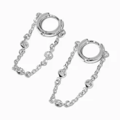 Cubic Zirconia Stacked Silver-tone Dangle Huggie Hoop Earrings