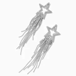 Cubic Zirconia Star Silver-tone Fringe Drop Earrings