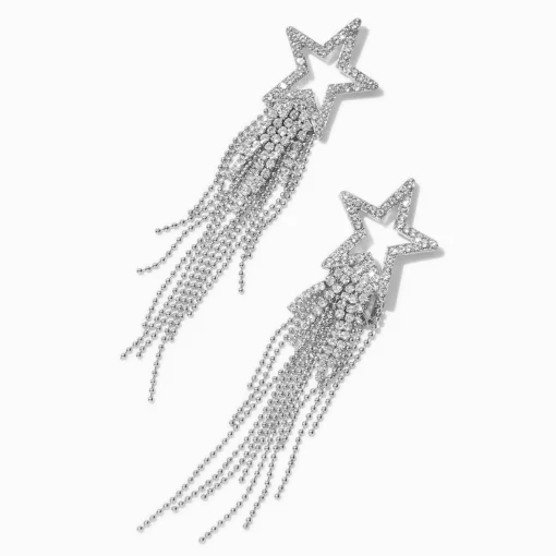 Cubic Zirconia Star Silver-tone Fringe Drop Earrings