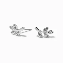 Cubic Zirconia Wispy Leaf Silver-tone Stud Earrings
