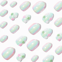 3D Daisy Charm Iridescent Stiletto Press On Faux Nail Set - 24 Pack