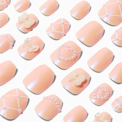 3D Nude Bow Coffin Press On Vegan Faux Nail Set - 24 Pack