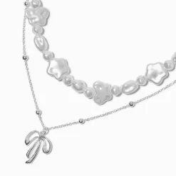 Droopy Bow & Pearl Multi-Strand Necklace
