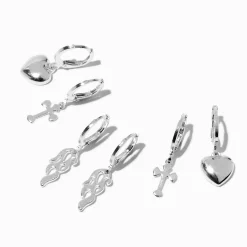 Flames & Hearts Silver-tone Hoop Earrings - 3 Pack